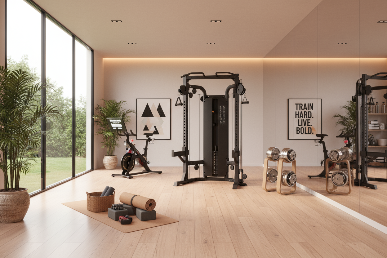 creame una imagen del mejor gimnasio que se pueda tener en casa la imagen debe incitar a comprar 